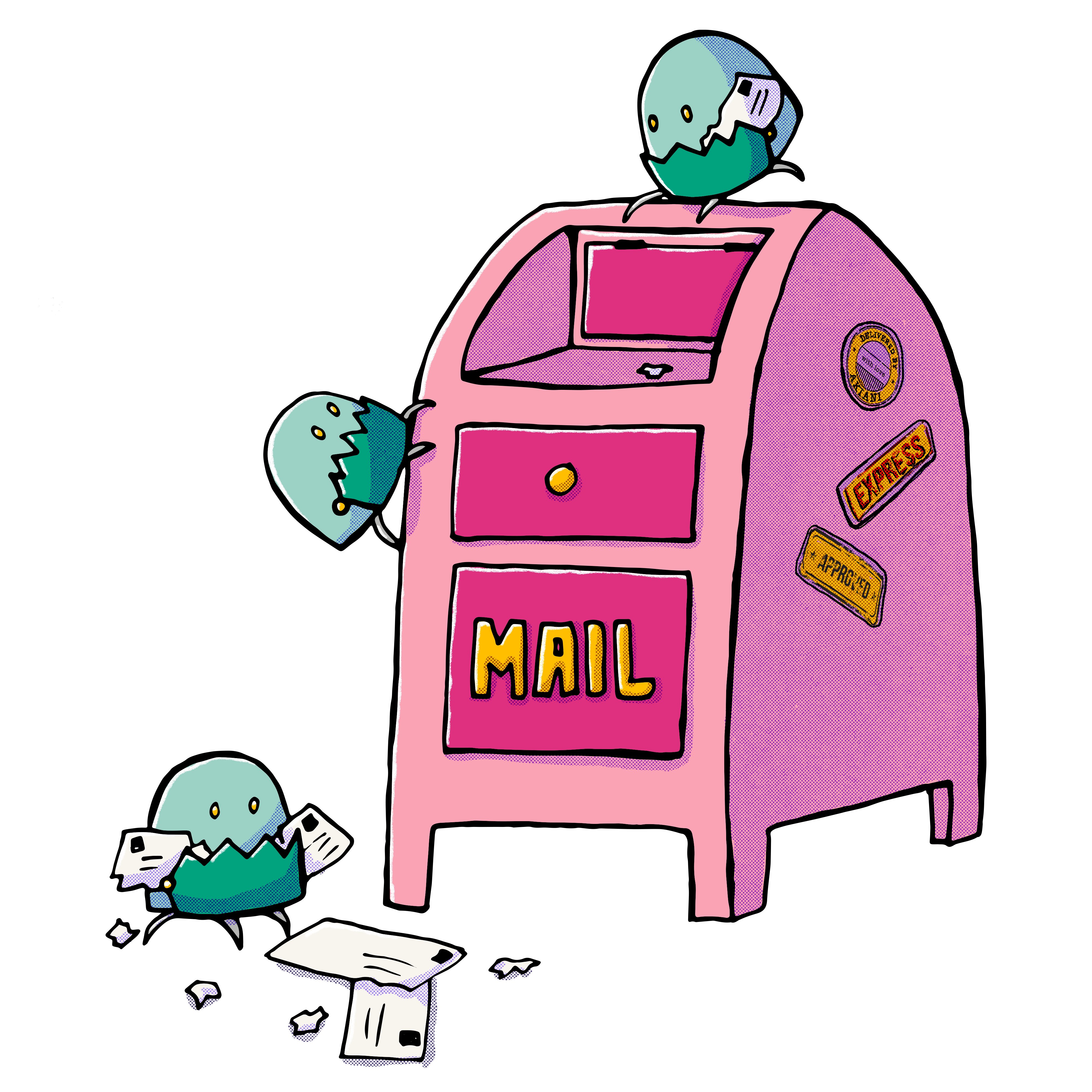Robot rose devant une boîte aux lettres qui met des enveloppes dedans.
