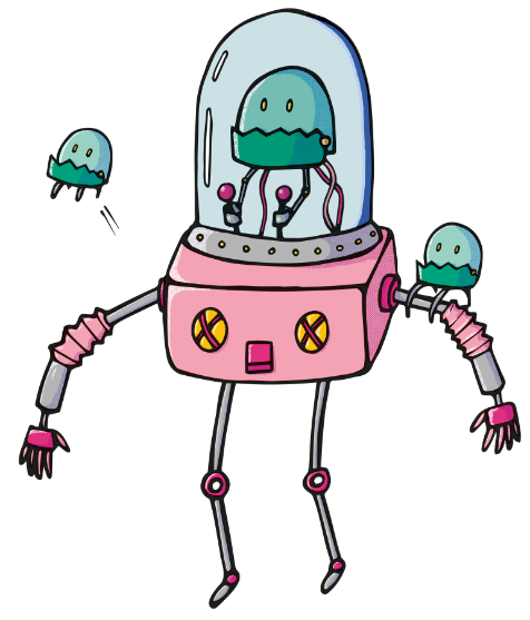 Robot rose contrôlé par un alien vert, avec deux autres aliens qui volent autour